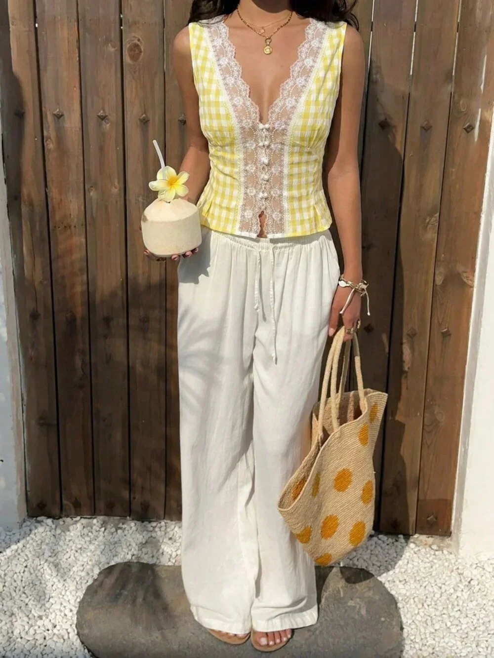 Yellow Sexy Women's Plaid & Lace Patchwork Sleeveless Blouse top - Picture 6 of 8